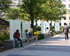 Panel of glass with inscription set in benches part of the Donor recognition Program 