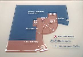 Tactile map designed by Coco Raynes Associates, Inc. In Fall River Justice Center. The tactile map is accompanied by an information board with raised letters that allows the sighted as well as the visually impaired to access the information. 