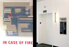 Tactile map accompanied by information board with raised letters designed by Coco Raynes Associates, Inc. in Tufts University School of Dental Medecine. The map allows sighted and blind visitor to use the emergency exit